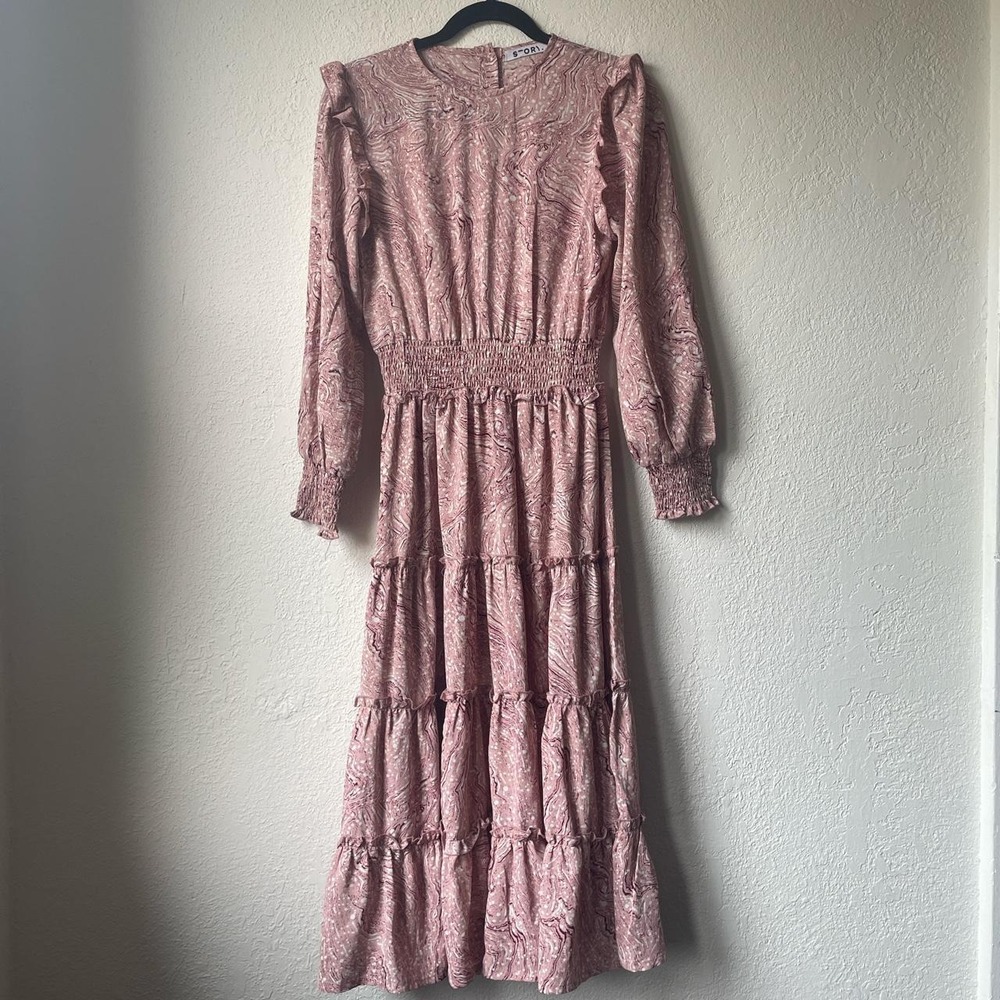 Story Pink White Swirl Ruffle Tiered Midi Dress Smocked Waist Long Sleeve Small